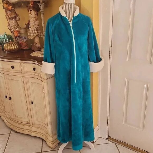Vintage David Brown teal plush nightgown robe women's size Small - Picture 1 of 5